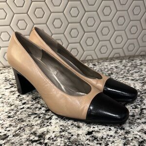 Bandolino Two-Tone Beige and Black Block Heel Pumps
